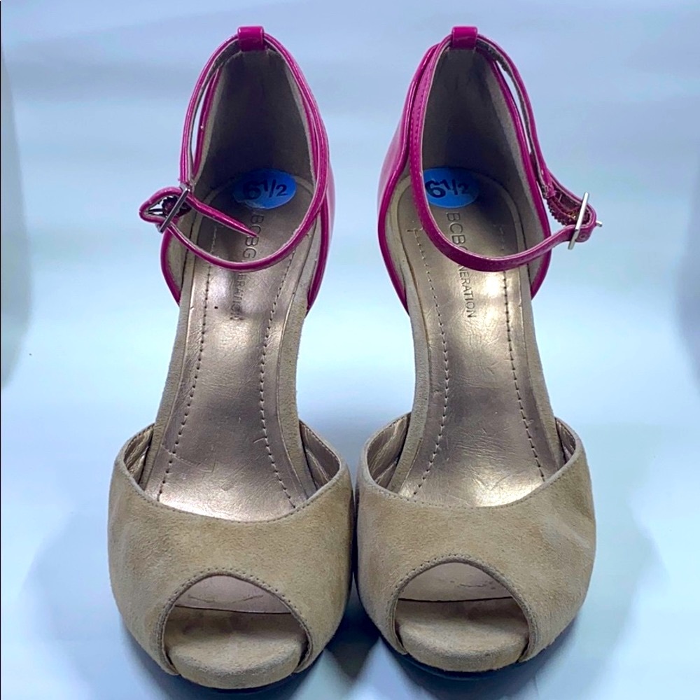 Pink and Tan BCBG Peep Toe Heels